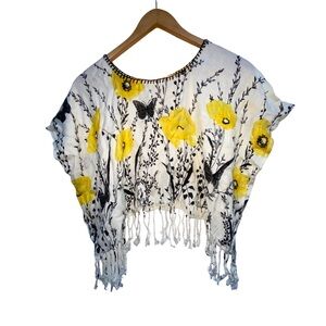 Yellow and White Poncho Sweater with Fringe‎ size M/L